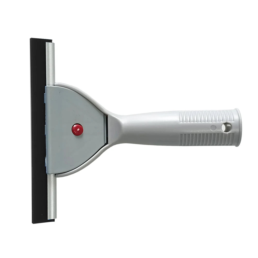 A silver glass cleaning squeegee with a black rubber blade and a handle.