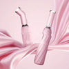 A pink heavy-duty automatic folding umbrella with an LED flashlight is shown against a flowing pink fabric background.