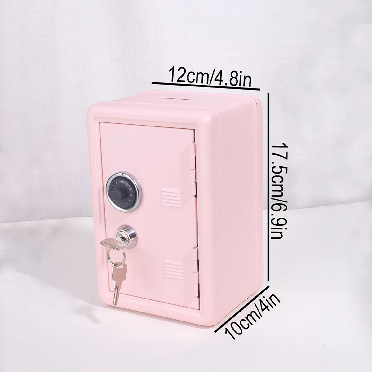 A pink metal piggy bank with a combination lock is shown standing upright.