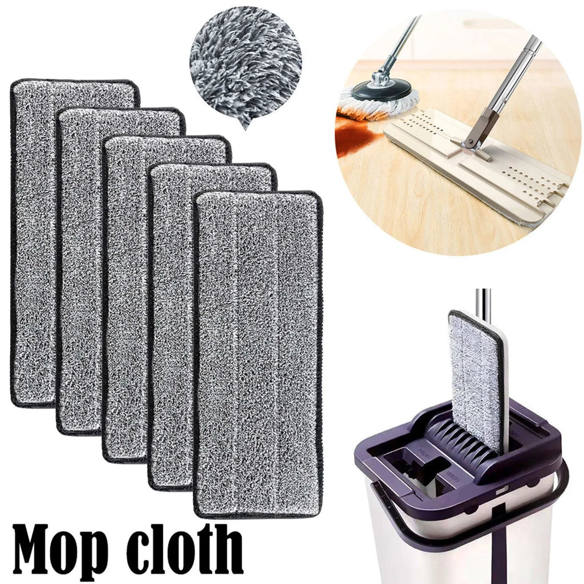 A set of gray microfiber mop cloths and a cleaning brush are shown with a mop bucket.