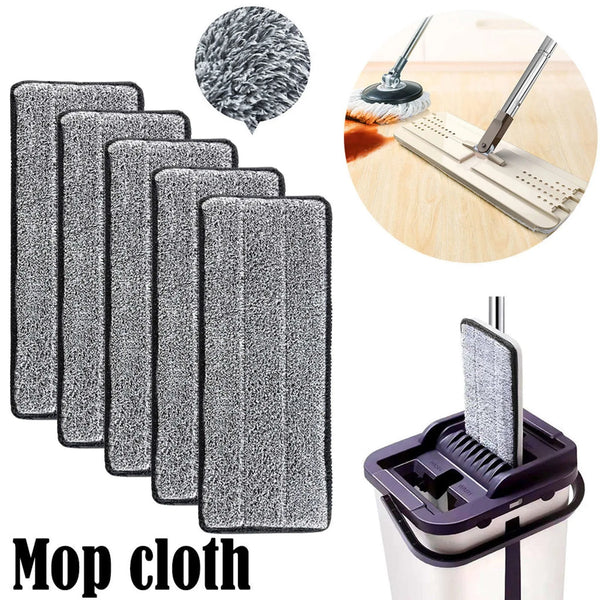 A set of gray microfiber mop cloths and a cleaning brush are shown with a mop bucket.