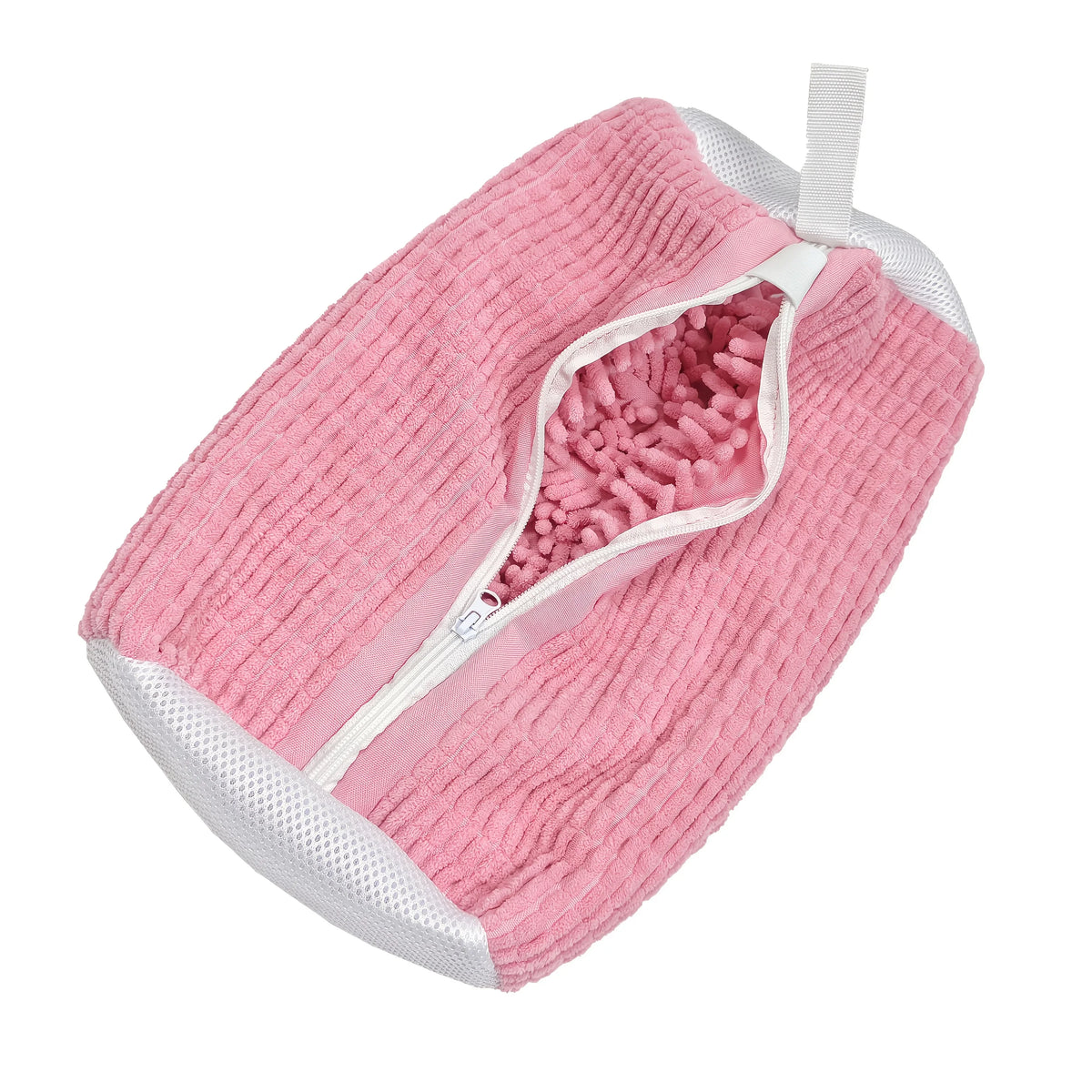 Pink reusable shoe washing bag with an invisible zipper and a white drawstring.