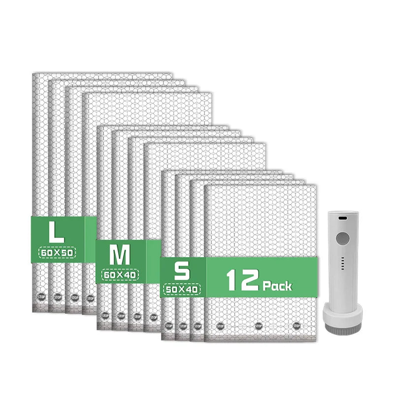 A set of vacuum compression travel bags labeled L, M, and S sizes in green and silver packaging.