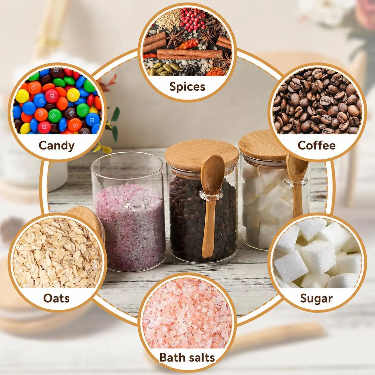A collection of ingredients including candy, spices, coffee beans, oats, bath salts, and sugar in glass jars with bamboo lids