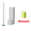 A white reusable toilet cleaning brush set with a long handle and a yellow foam cleaning pad.