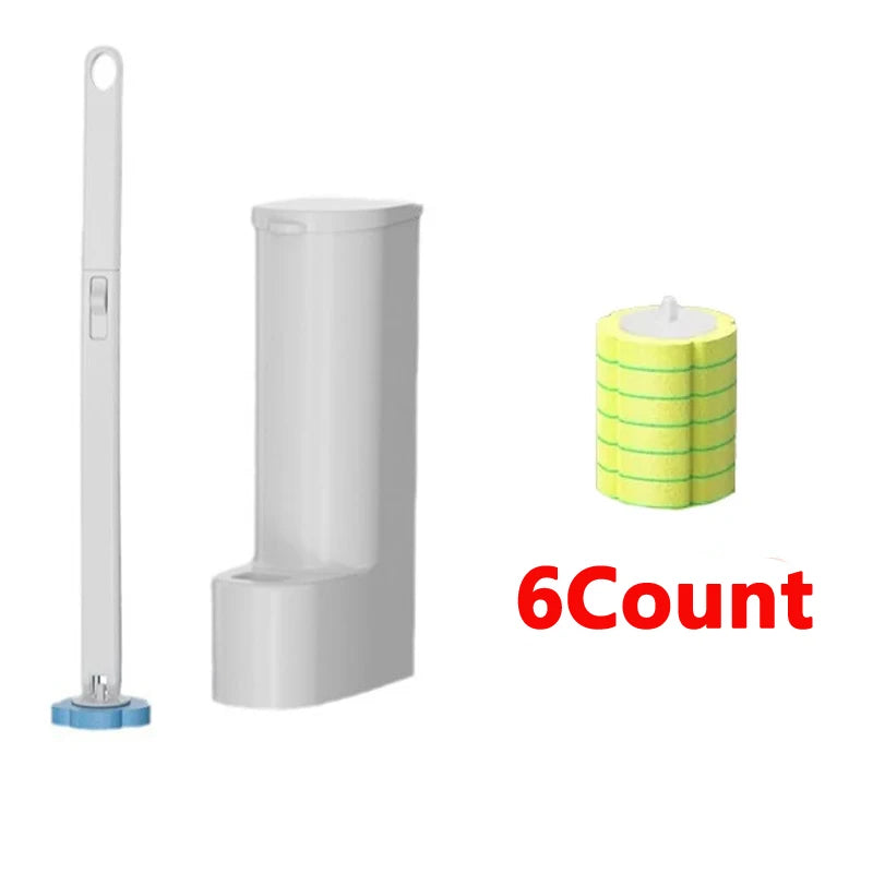 A white reusable toilet cleaning brush set with a long handle and a yellow foam cleaning pad.