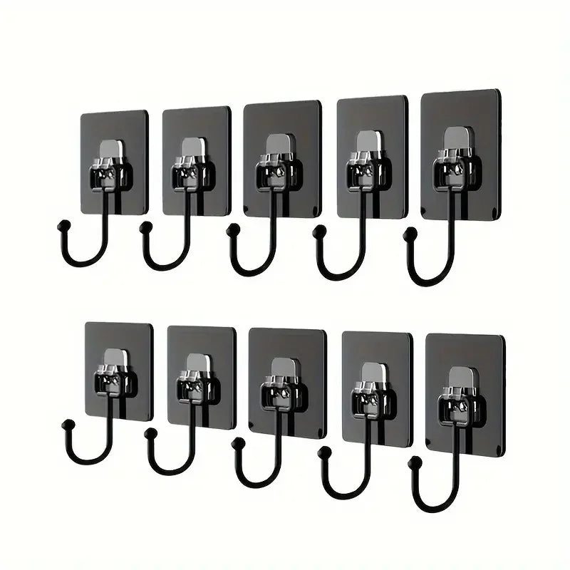 A set of black heavy-duty self-adhesive wall hooks with metal clasps.