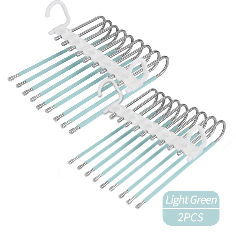 Stainless steel multi-layer hangers in light green color, packaged as a 2-piece set.