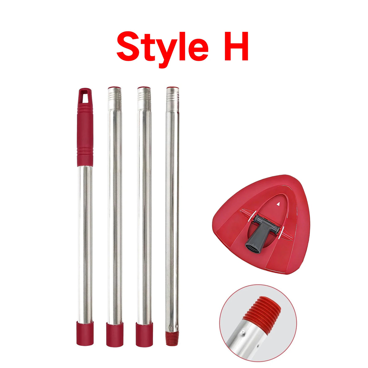 A set of Style H universal mop handle and base components, including a red handle and silver rods.