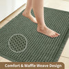 A close-up of a green waffle weave bathroom rug with a woman's bare foot stepping on it.