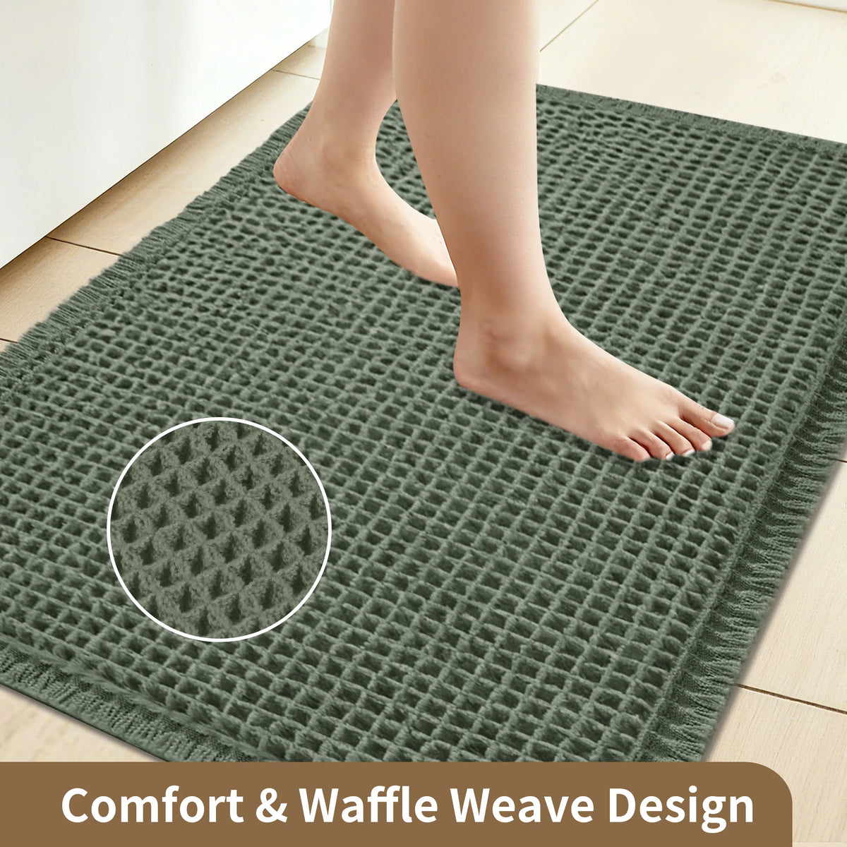A close-up of a green waffle weave bathroom rug with a woman's bare foot stepping on it.