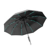 A black heavy-duty windproof sun umbrella with bright cyan trim, shown open.