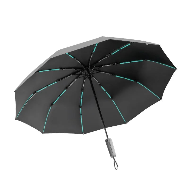 A black heavy-duty windproof sun umbrella with bright cyan trim, shown open.