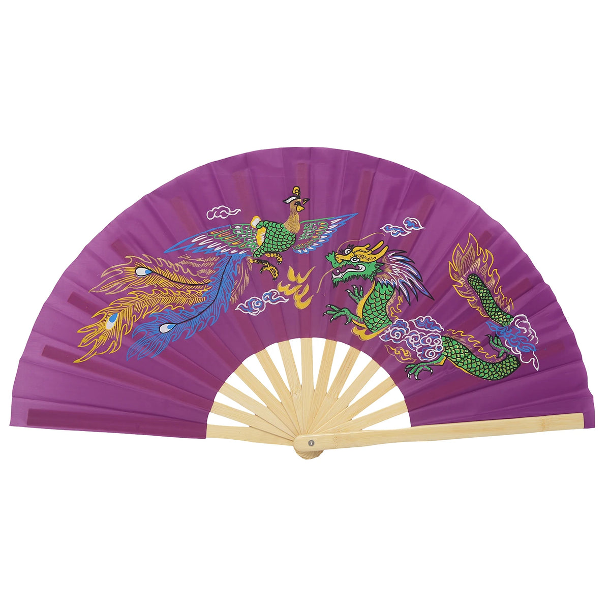 Un éventail de lutte traditionnel en bambou violet décoré d'oiseaux et de dragons mythiques colorés.