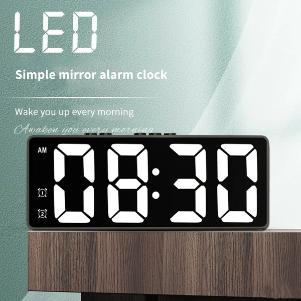 A digital LED mirror alarm clock displaying 08:30 on a dark panel.