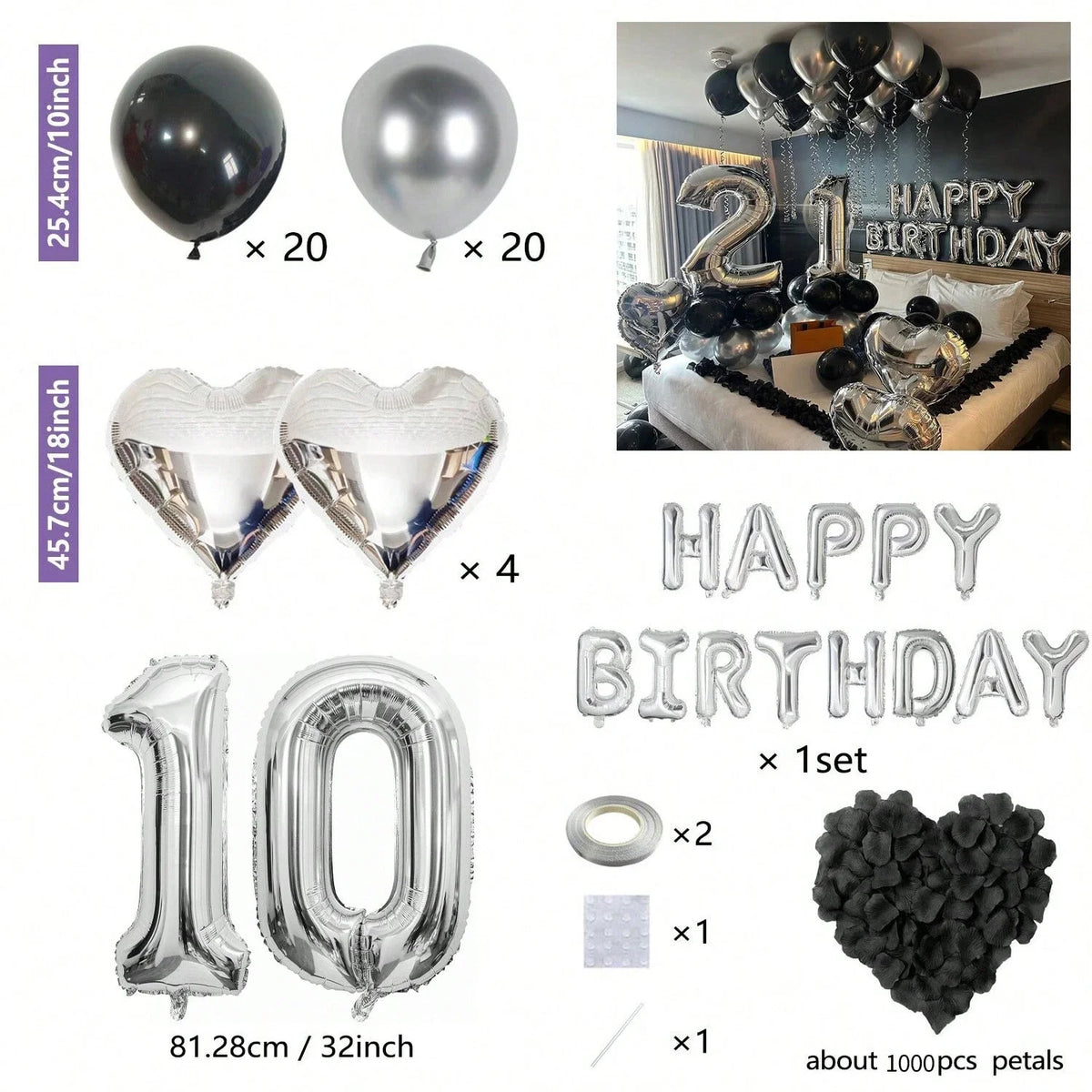 Birthday decor kit featuring black and silver balloons, heart-shaped foil balloons, and number balloons.