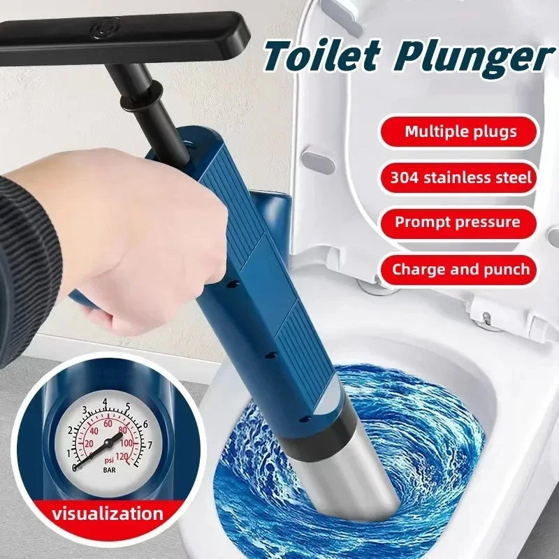 A hand is operating a blue and black toilet plunger with a visualization gauge, demonstrating multiple plugs and prompt press