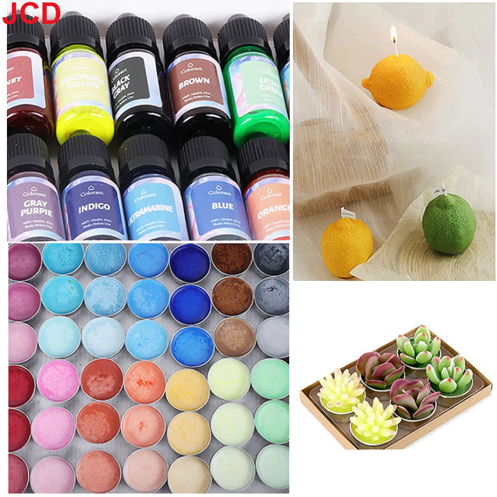 A collection of 18 colors of concentrated liquid candle dye bottles and finished yellow and green candles.