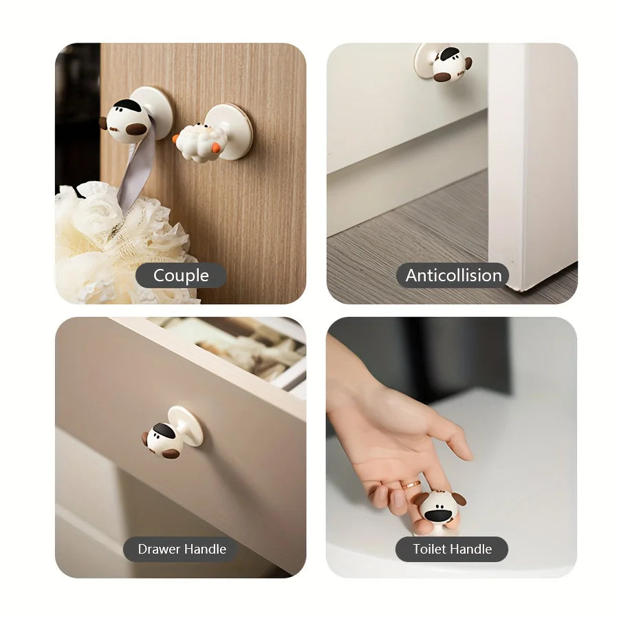 Close-up shots showing various handles and features on a bathroom or cabinet door, including couple grips, anticollision feat