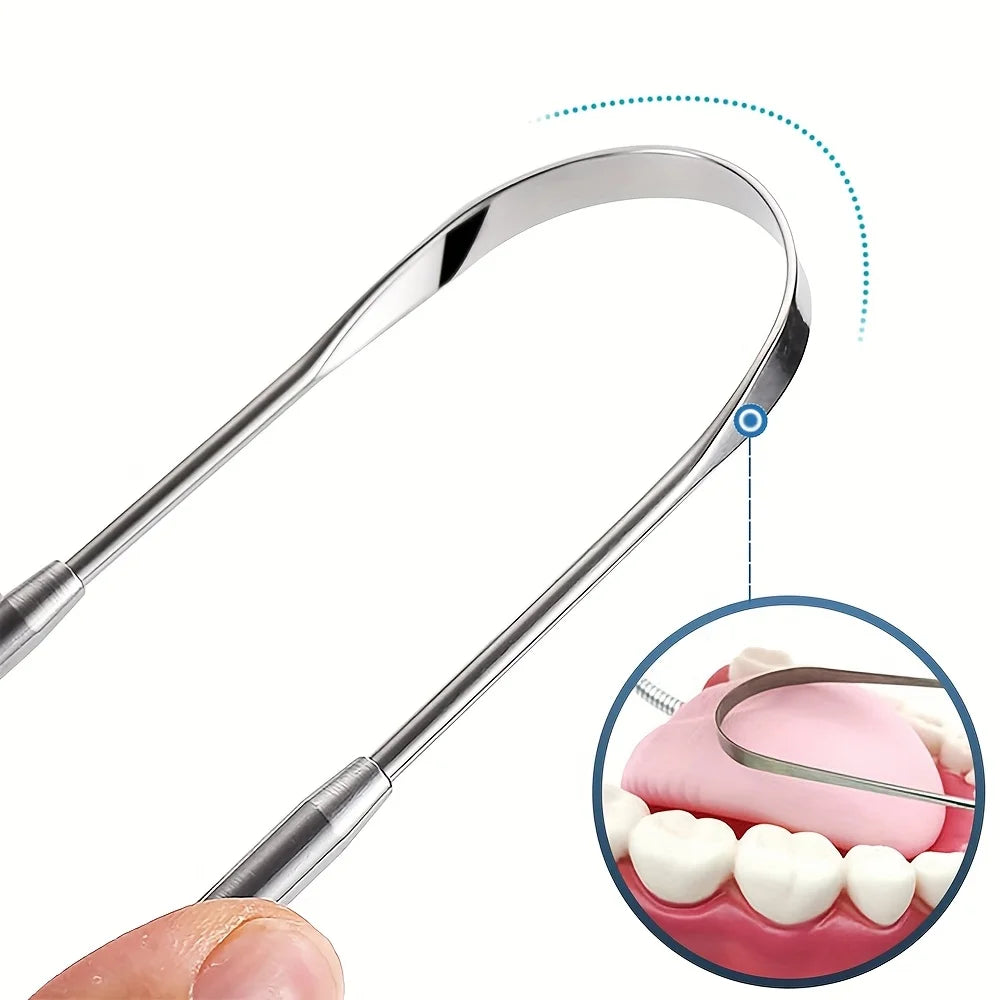 A stainless steel tongue scraper is shown being used to clean teeth and tongue.