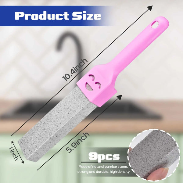 A pink heavy duty pumice cleaning scrubber stick with a gray stone head shown in profile.