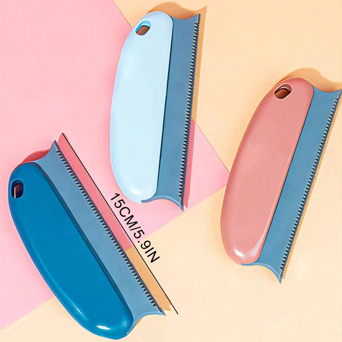 A set of pet hair remover brushes in blue, pink, and teal are displayed on a light background.