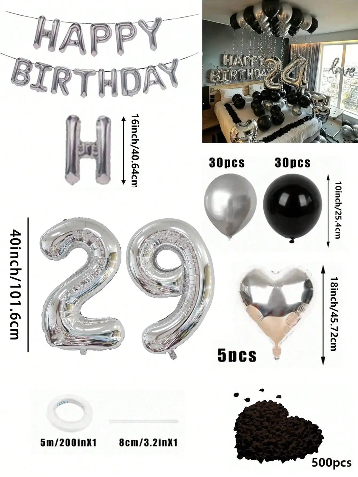 Un juego de globos de número en papel de aluminio plateado, con letras, números y formas de corazón, para decoración de cumpl