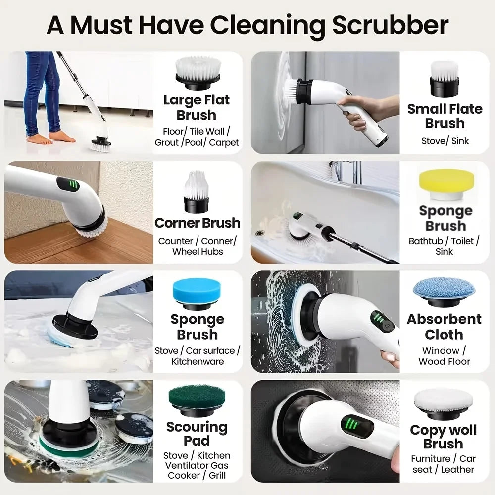 A set of multi-surface cleaning brushes including a flat brush, corner brush, sponge brush, scouring pad, and copy wool brush