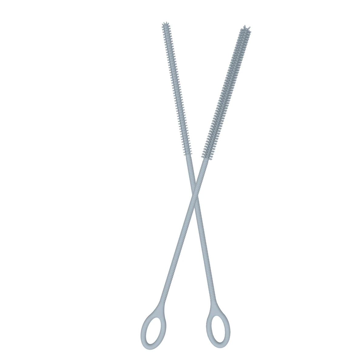 A pair of dual silicone straw cleaning brushes with fine wire bristles.