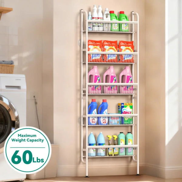 A white wall-mounted storage rack with multiple shelves holding various cleaning products and toiletries.