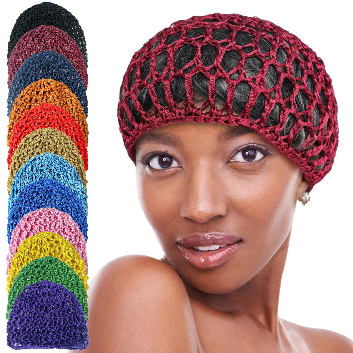 A model wears a hand-crocheted mesh hair net cap in a vibrant gradient of colors.