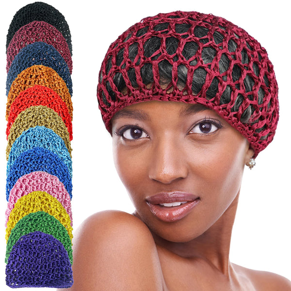 A model wears a hand-crocheted mesh hair net cap in a vibrant gradient of colors.