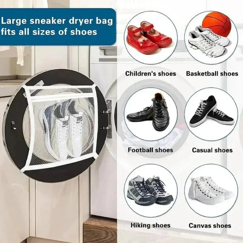 Large sneaker dryer bag fits all sizes of shoes shown next to various types of footwear like basketball, football, hiking, an