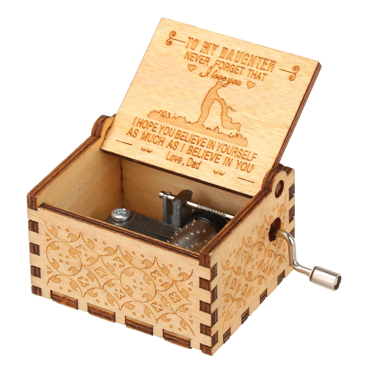 A vintage engraved wooden music box with a lid featuring a message to a daughter