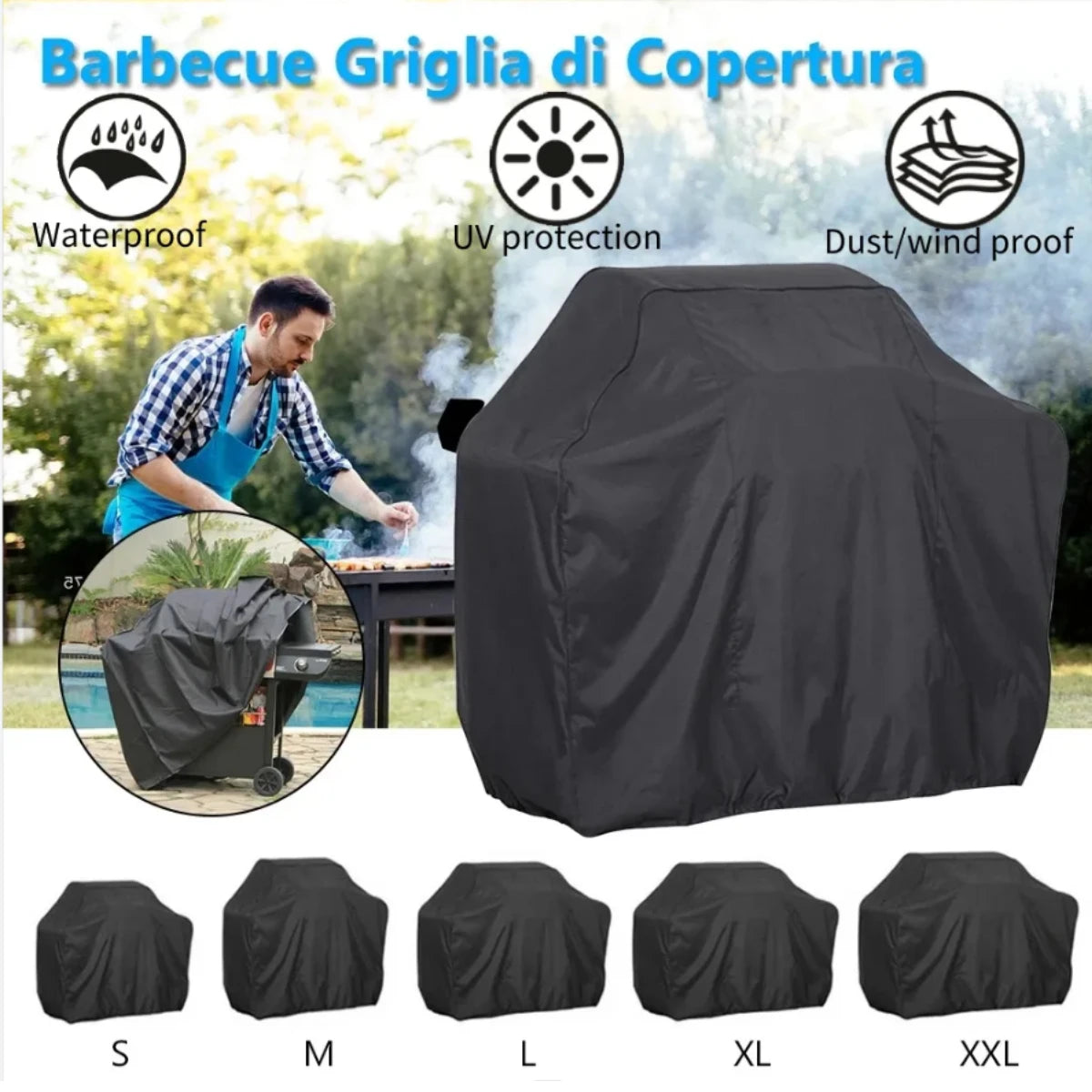 Black heavy-duty grill cover with UV protection and waterproof features shown next to various size options.