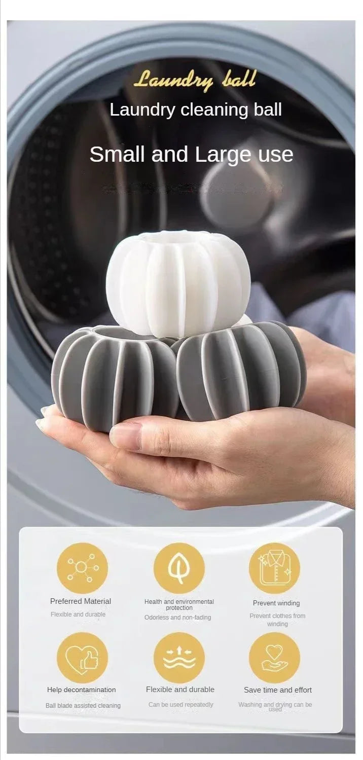 A hand holds a gray laundry ball cleaning tool used for small and large use.