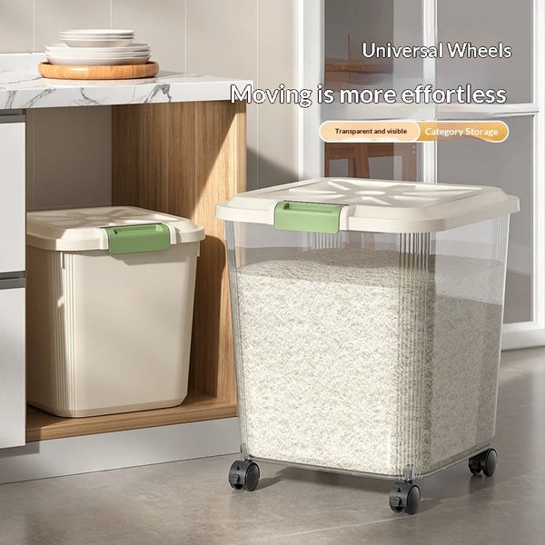 A clear, airtight rice dispenser with universal wheels is shown on a kitchen shelf.