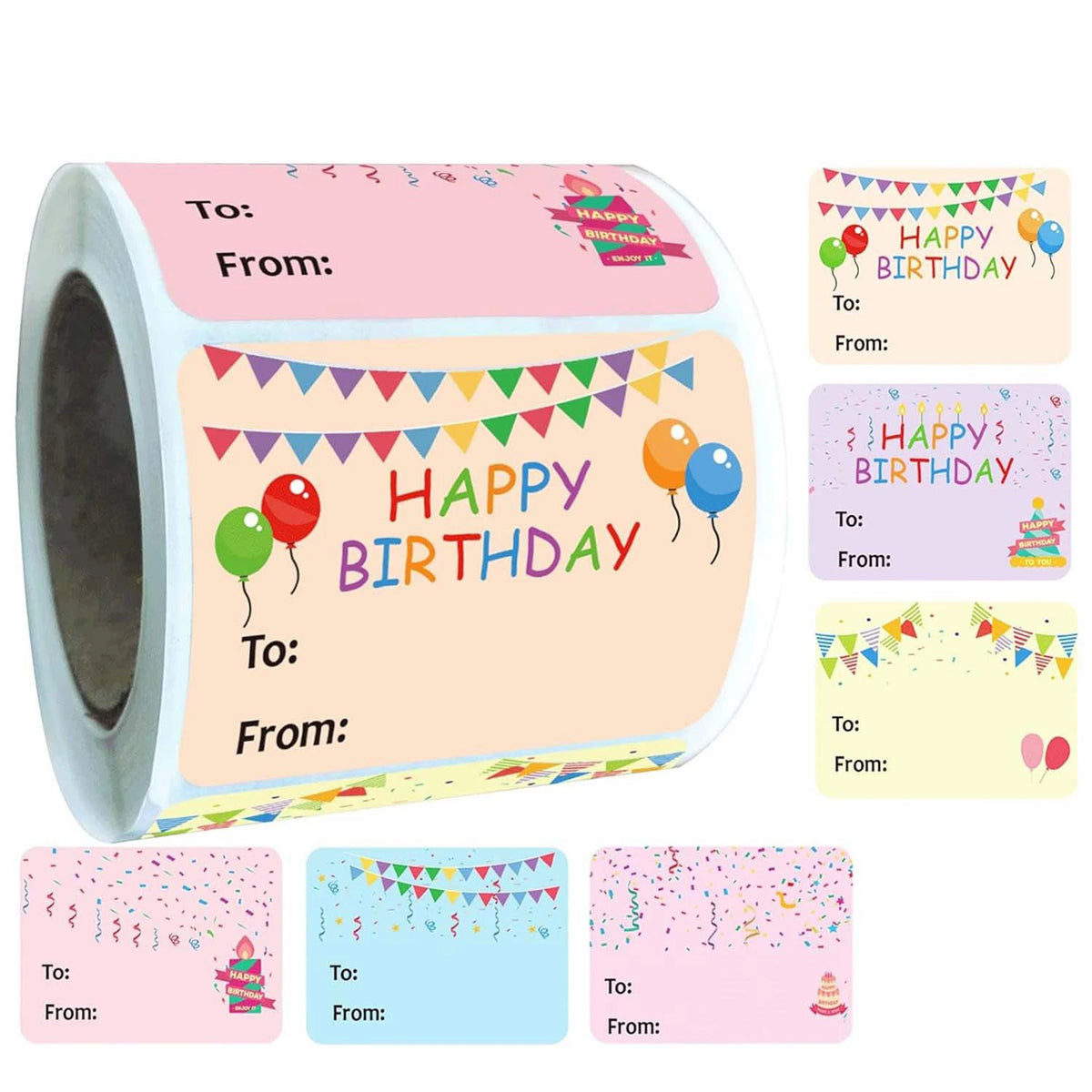 Roll of round self-adhesive gift tags with birthday messages in pink and yellow colors