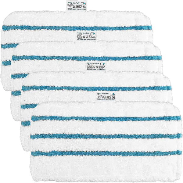 Stack of white microfiber steam mop pads with blue stripes for floor cleaning
