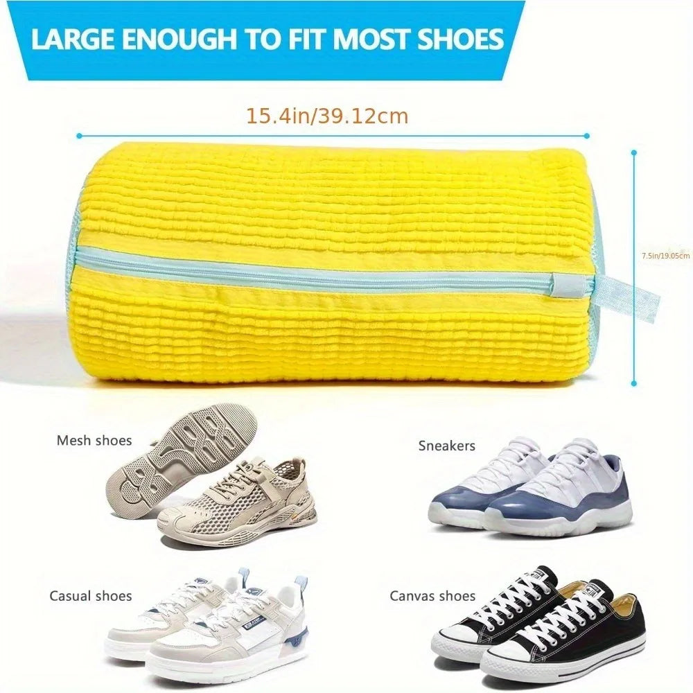 Yellow durable shoe washing bag filled with mesh shoes and casual shoes