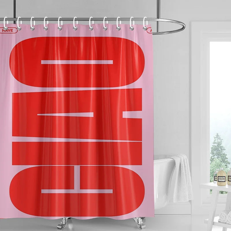 Red shower curtain featuring abstract geometric art design with white lines hanging on a metal rod