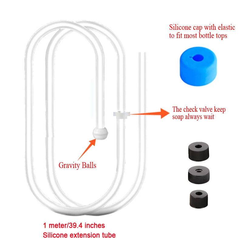 A silicone extension tube for a soap dispenser featuring gravity balls and a check valve.