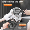 A hand is using a black shower head to provide soothing and stress relieving massage on a person's head.