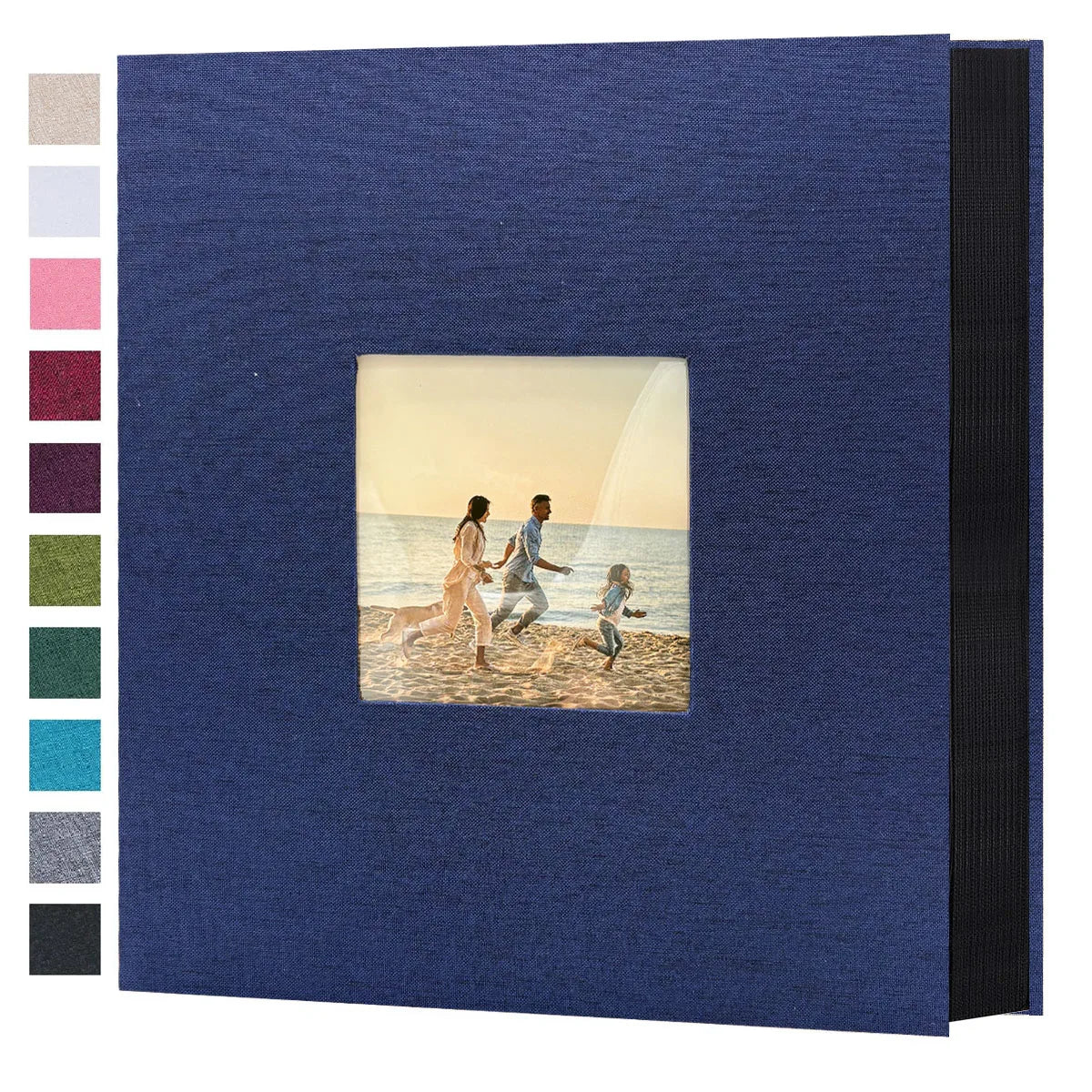 A dark blue linen photo album with a rectangular window displaying a scene of people walking on a beach.