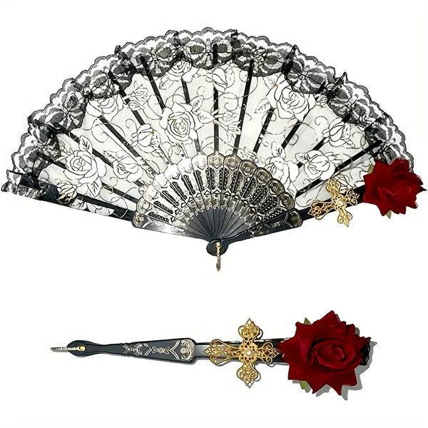 Vintage Spanish flamenco rose lace handheld fan with a red rose decoration