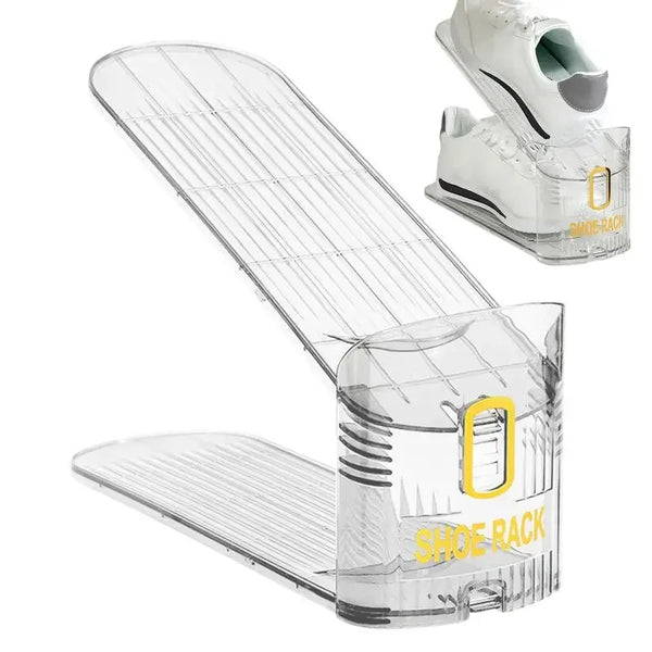 Clear adjustable foldable shoe organizer rack with multiple compartments for storing shoes