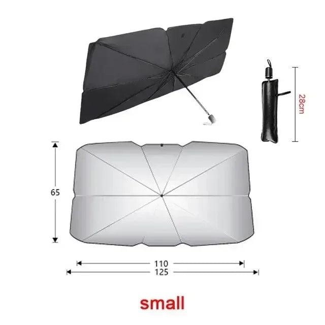 A black car sunshade umbrella with a handle and a silver reflective surface.