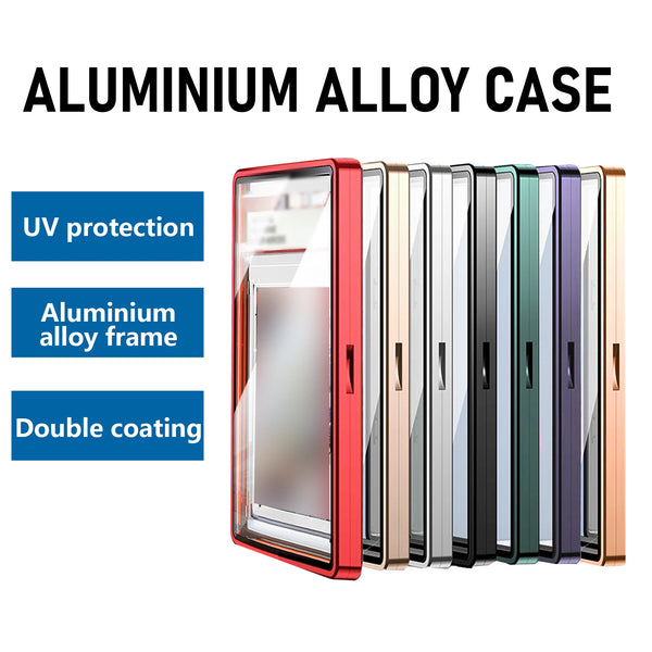 A set of aluminum alloy display cases in various colors and finishes for trading cards.