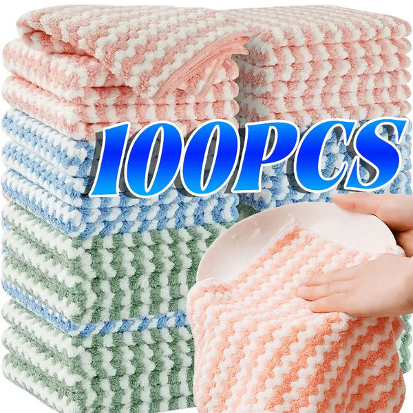A stack of 100 pieces of thick coral fleece cleaning cloths in various colors including pink, blue, and green.