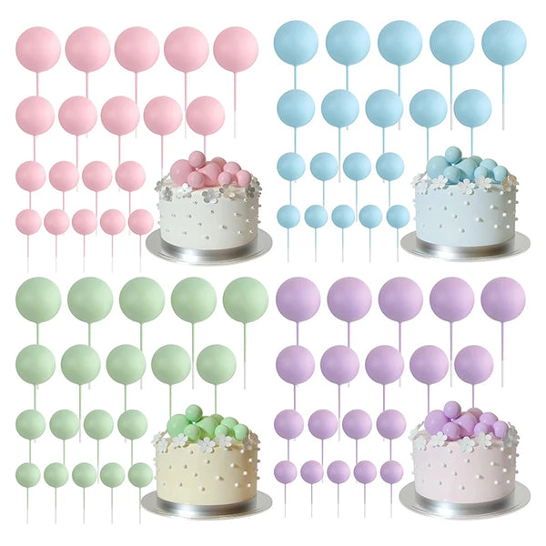 A collection of 20-piece ball cake topper decorations in various pastel colors like pink, blue, and green.